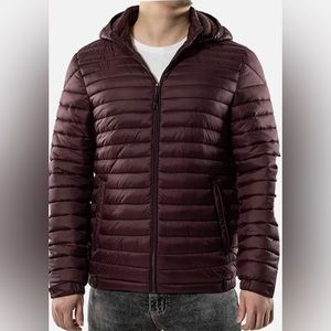 QLZ unisex Portable Slim Puffer Jacket With Hood Coat Maroon Size S to XXL